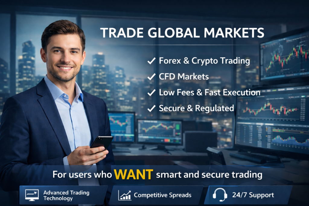 Professional trading platform image with financial expert and global market charts for users who want smart and secure trading