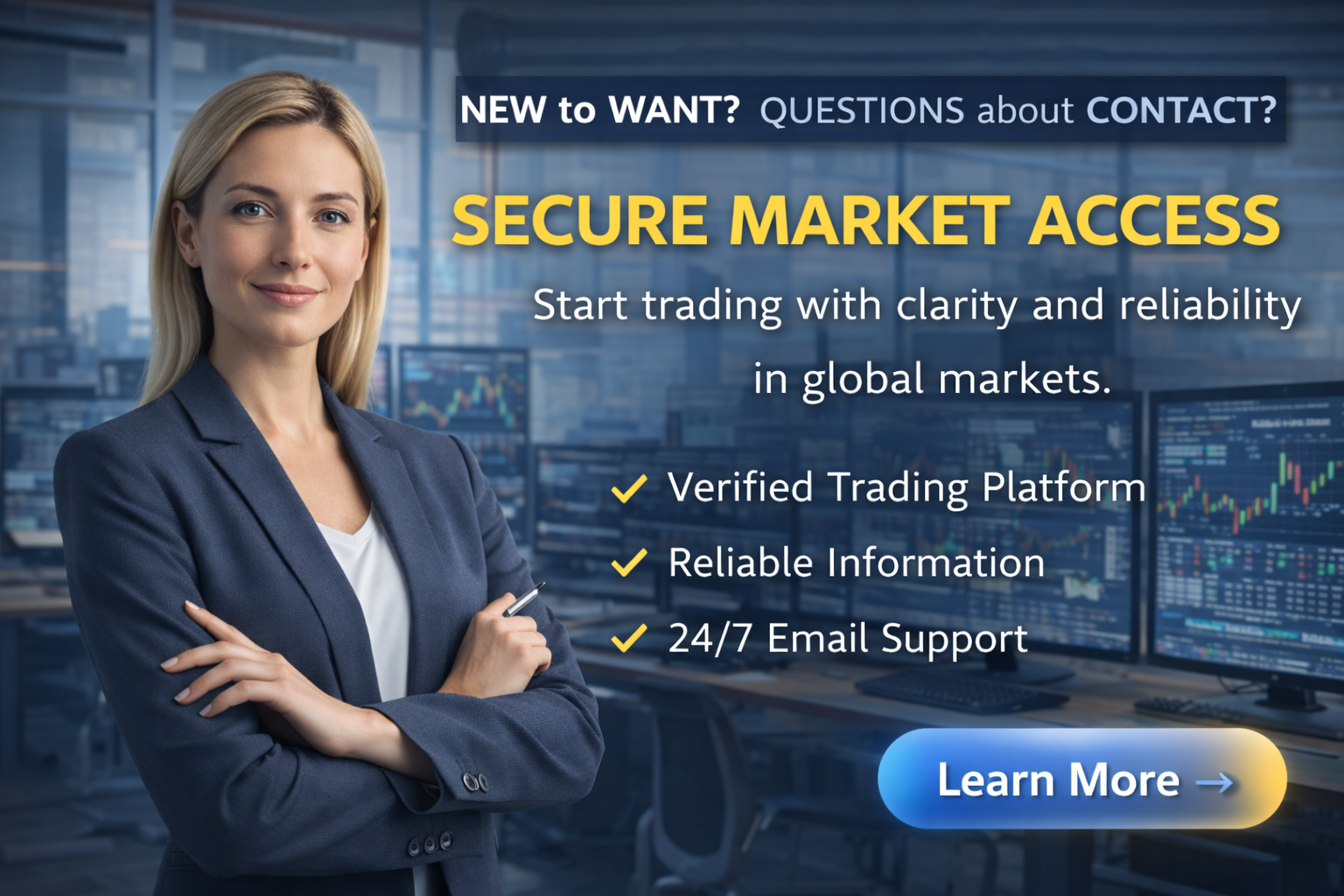 WANT platform interface with corporate trading environment, global markets, trading tools, and risk awareness focus